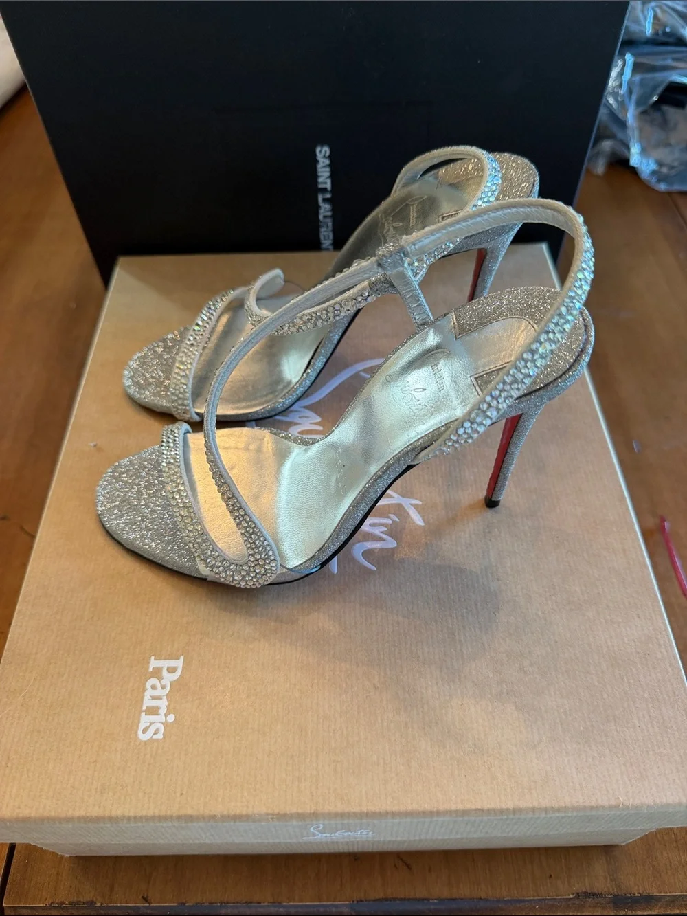 Christian Louboutin Silver Crystal Strappy Heels